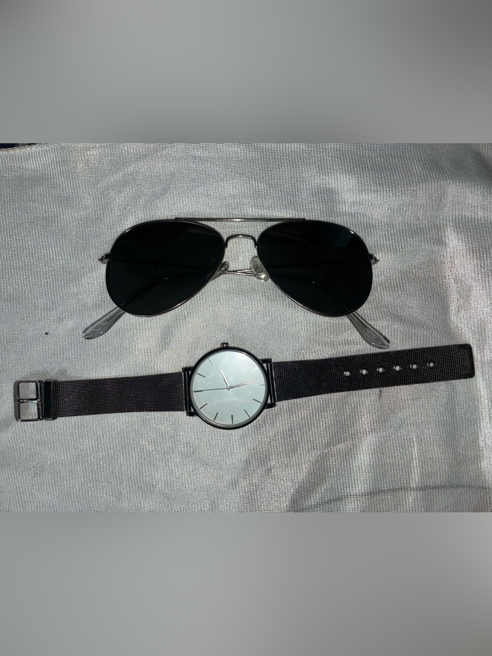 Black Aviator Sunglasses & Minimalist Black Mesh Strap Watch